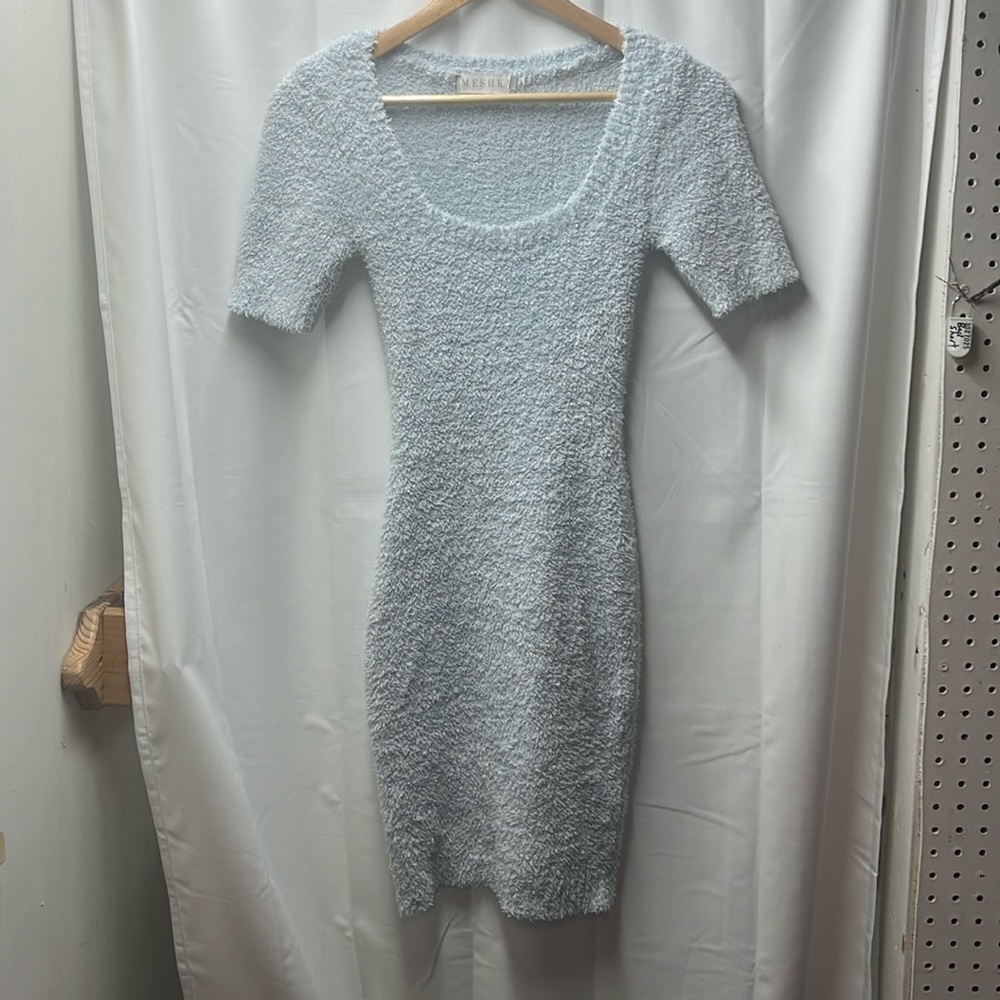 Meshki Light Blue Fuzzy Short Sleeve Midi Dress- XS